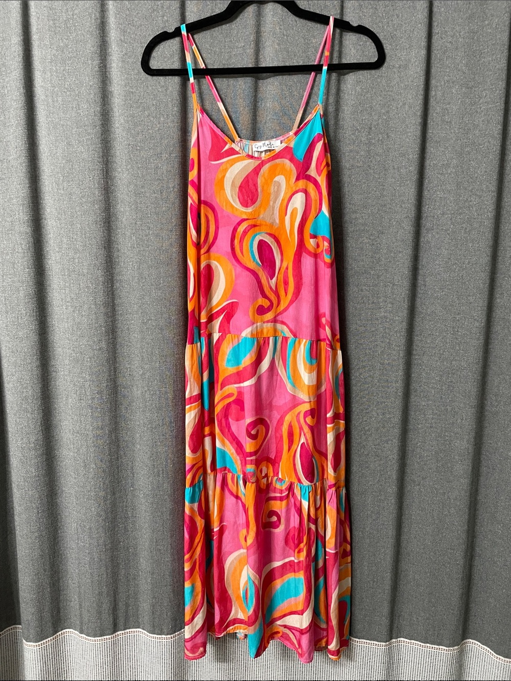 Bright Gigi Moda Abstract Swirl Maxi Dress with Spaghetti Straps-Made in Italy
